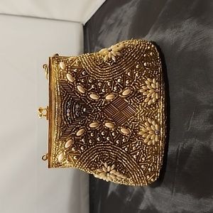 Vintage Beaded Clutch Gold Tone Evening Bag